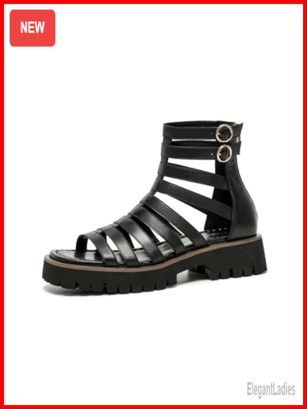 Leather Chunky Platform Gladiator Sandals with Back Zipper, Adjustable Straps,